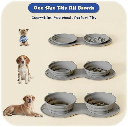 Premium Silicone Collapsible Dog Bowl with Carabiner Clip, 2-in-1 Foldable Double Pet Food & Water Travel Bowl, Portable No-Spill Design for Walking Hiking Camping, for Small Medium Dogs