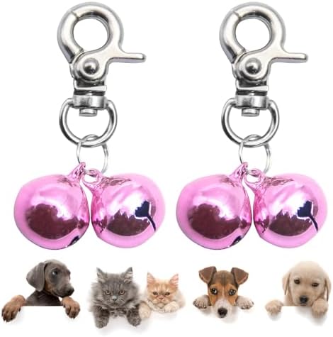 SCENEREAL Bells for Dog Collars - 2 Pack Pet Hanging Ring Bell Accessories for Dog & Cat, Pet Pendant Collar Charm with Heavy Duty Snap Clips, Sliver Bells for Tracking and Training Christmas Gift, Pink+Pink