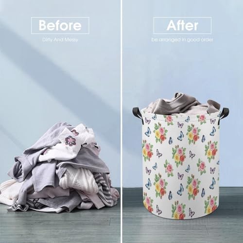 Foldable Clothes Hamper with Handles Flower Shabby Chic Roses Buds Leaves Tulips Floral Butterfly, Waterproof Laundry Basket for Bedroom, Bathroom, and Toy Storage Needs