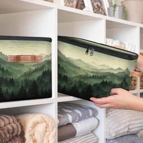 Green Misty Forest Collapsible Fabric Storage Bin with Lids | Storage Basket, Foldable, Waterproof, Handle, Large, Closet Organizer, Home, Nature Woodland