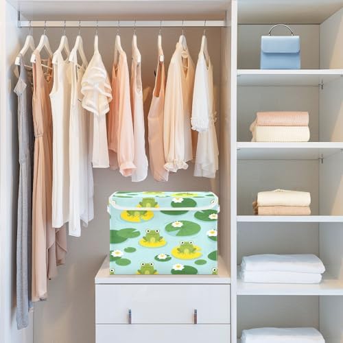 Storage Bins with Lids Frogs on Lily Pads Foldable Storage Boxes with Handles Cute Large Storage Basket Collapsible Organizer Containers for Closet Home Bedroom Office