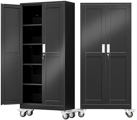 71" Metal Garage Storage Cabinet with Wheels and Locking Doors and Tall Rolling Steel Tool Cabinet with 4 Adjustable Shelves for Garage,Home,Office,Shop (Black, 71''H x 30''W x15''D)