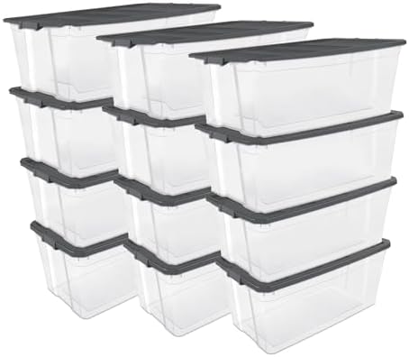 Sterilite 12-Pack Modular Stacker Box, Durable Clear Plastic Storage Bins with Latching Lids, 200 Quart - Stackable Organizing Container Boxes for Closet, Bathroom, and Office