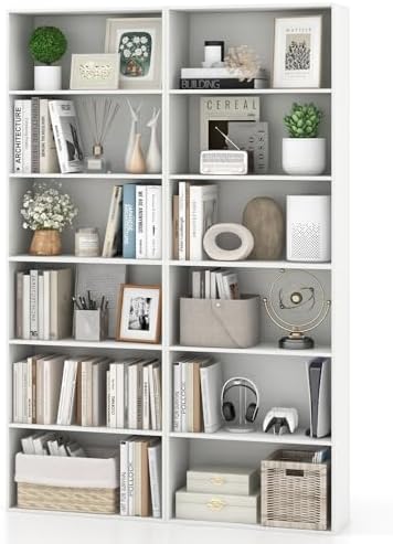 Giantex 6-Tier Bookcases Set of 2, 70" Tall Wooden Bookshelf, Freestanding Storage Organizer w/Open Shelves, Anti-Tipping Kits, Modern Floor Standing Display Shelves for Living Room, Bedroom, White