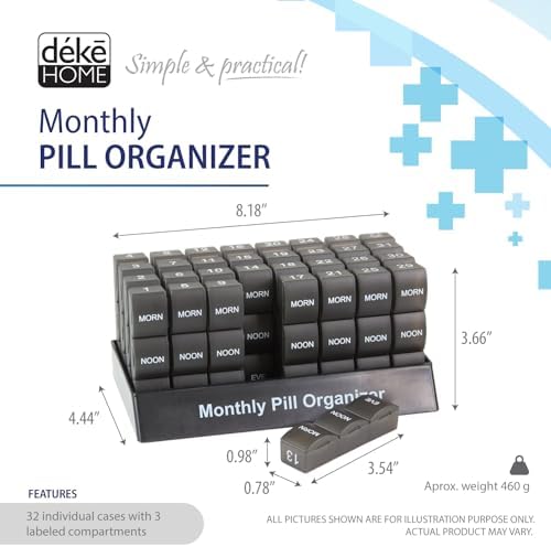 Deke Home - Monthly Pill Organizer 3 Times a Day, 30 Day Pill Box with AM PM Compartments, Large Monthly Medicine Organizer for Vitamins, Supplements & Medication, Travel-Friendly Pill Case, BPA Free
