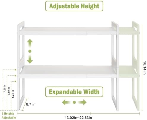 Expandable Cabinet Shelf Organizer, Stackable Kitchen Counter Shelf, White | Space Saving Metal Pantry Storage Racks for Kitchen Spice Rack Pans and Untensils Bathroom Office Organization, 2-Tier