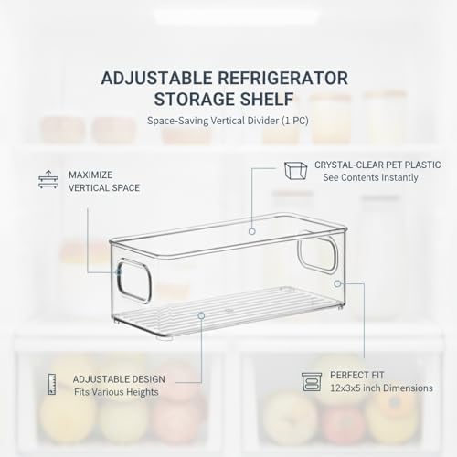 Adjustable Fridge Organizer Shelf, Clear PET Plastic Vertical Divider for Refrigerator Doors & Drawers, Space Saving Storage Rack (1 Pack)