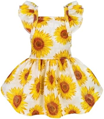 Fitwarm Dog Sunflower Dress, Dog Clothes for Small Dogs Girl, Pet Cat Apparel, White, Yellow, Red, XXS