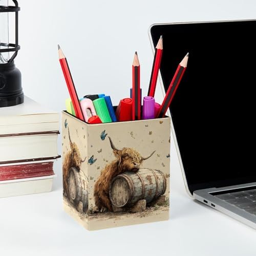 Highland Cow Pen Holder for Desk Decor, Rectangular PVC Leather Pencil Cup for Desk Pen Organizer, Makeup Brush Holder for School, Home, Office