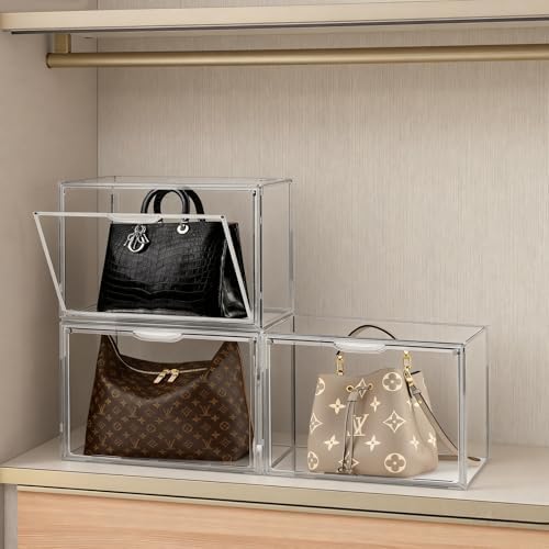 6 Pack Acrylic Purse Storage Organizer for Closet, Stackable | Clear handbag display case with Magnetic Doors, for Hats Books, and Collectibles