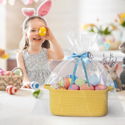 Cute Yellow Gift Basket, Woven Baskets for Gifts Empty, Cotton Rope Storage Bin for Organizing, Cat Dog Toy Box, Baby Nursery Organizer, Wicker Easter Basket with Handle, Yellow Room Decor