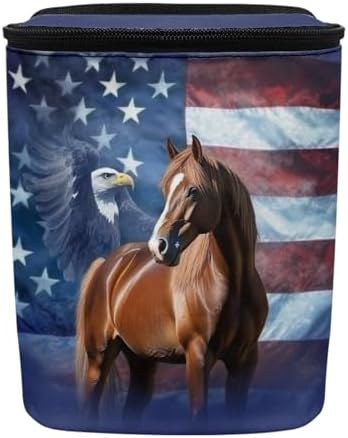 DISNIMO American Flag Eagle Horse Car Trash Can Car Accessories Organizer Garbage Bag Dustbin Container with Zipper Lid Waste Basket Storage Pockets Hanging Vehicle Trash Bin