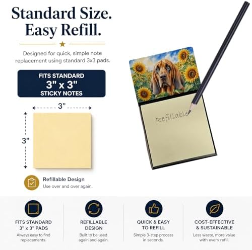 Caroline's Treasures Bloodhound in Sunflowers Watercolor Sticky Note Holder Refillable Dispenser Desk Accessory 3x3 Pad Gift