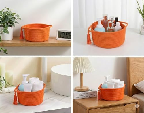 Small Gift Basket Empty to Fill with Gifts Bag & Ribbon, Orange | Cute Decorative Mini Woven Rope Basket with Handles for Gifting; Reusable for Bathroom Counter or Desk Catchall, 8 x 4.7 in