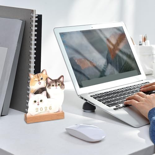 Desk Calendar Wooden Base Puppy Kitten Design Planner Decor Pad Date Daily