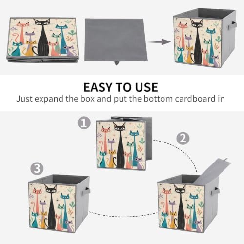 Colorful Cats Art Storage Bin with Handles, Oxford Fabric Foldable Storage Cube Organizer for Clothes, Towels, Bedroom, Living Room, Home Organization