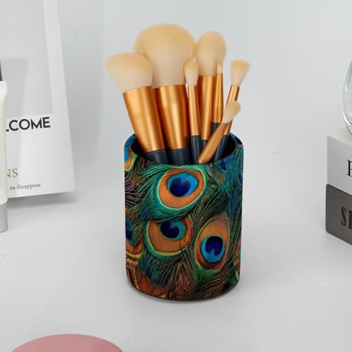 Faux Leather Pen Holder for Desk, Pencil Organizer Peacock Feather Pen Cup Desk Decor Makeup Brush Holder Storage for Office Home