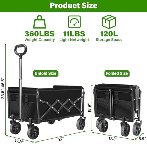 Collapsible Wagon Cart, Folding Cart with 360LBS Capacity, Black | All-Terrain Wheels & Flexible Handle, Heavy Duty Utility Wagon for Grocery Camping Garden Shopping Sports