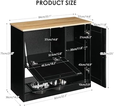 Pet Feeding Station Cabinet with Hidden Pull Out Elevated Stainless Steel Bowls, Rattan Doors, Side Hooks, Anti Tipping Kit, Storage Lockers, Organizer for Food, Treats, Toys, Leashes, Supplies