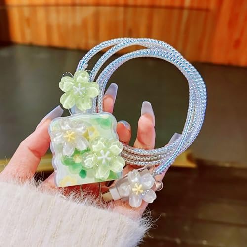 Cute Flower Cable Protector for iPhone iPad 18W/20W Charger Cover,Elegant 3D Floral Charger Cord Protector,Data Line Wire Saver,DIY Charging Cord Protector for iPhone 12 13 14 15 16 Plus Pro Max-Green