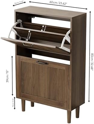 Kiasthome 2 Tier Entryway Shoe Storage Cabinet Closed Space Saving Hidden Shoe Organizer with Ribbed Doors Freestanding for Hallway Bedroom Walnut Finish (Walnut, 24.4")
