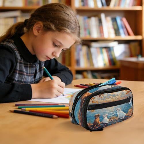 SUABO Pet Dogs Sunset Painting Pencil Case Large Pen Box Holder | Large Capacity Pencil Pouch Stationery Bag with Compartments, Transparent PVC Layer, School Office Supplies for Kids Adults