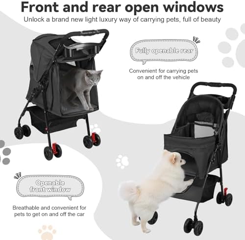 Dog Stroller, Foldable 4-Wheel Pet Strolling Cart for Small/Medium Dogs & Cats, Easy One-Button Fold, 360 Swivel Wheels & Rear Brakes, Breathable Mesh, Cup Holder & Storage for All-Season Use