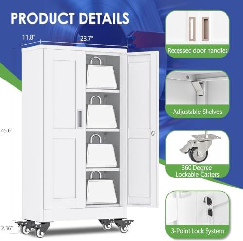 45.6" Metal Garage Storage Cabinet with Wheels and Locking Doors and Tall Rolling Steel Tool Cabinet with 3 Adjustable Shelves for Garage,Home,Office,Shop (White, 45.6''H x 23.7''W x11.8''D)