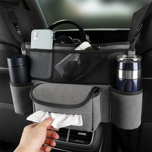 Car Handbag Holder Between Seats Car Organizer, Leather Large Capacity Car Purse Holder for Front Seat, Seat Back Net Bag Double-sided Tissue Storage Handbag Holder Car Divider (Gray)
