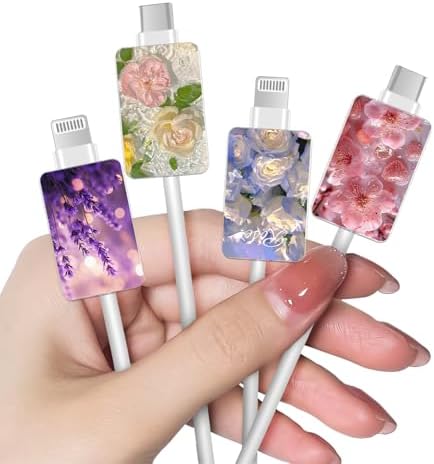 CameCosy Cable Protector for iPhone Type-c Charger, Lavender/White Blue Roses/Cherry Blossoms Pattern 4PCS Phone Charger Protector,Charging Cord Protector,Cable Chomper,Charger Case