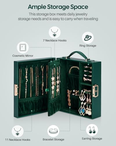 Enthralite Portable Travel Jewelry Case: Jewelry Box with Lock and Mirror | Quality PU Leather & Velvet Lined Jewelry Organizer - Large Capacity for Ring Earring Large Necklaces - Birthday Gift for Her