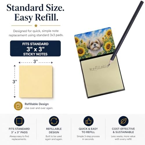Caroline's Treasures Shih Tzu in Sunflowers Watercolor Sticky Note Holder Refillable Dispenser Desk Accessory 3x3 Pad Gift