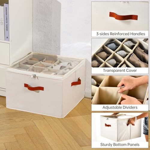 INSTY 2 Pack Shoe Organizer for Closet, Fits up to 32 Pairs, Adjustable Dividers for Shoe Storage, Fabric Shoe Storage Bins with Clear Cover, Beige