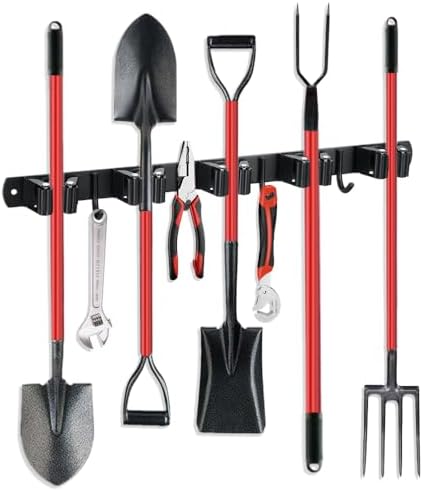JAMEND CLXP Broom Hanger and Mop Holder, Heavy Duty Garden Tool Organizer Rack Rake and Shovel Handle, Stainless Steel Wall Mounted Utility Rack with Screws (5 Racks with 4 Hooks, Matte Black).