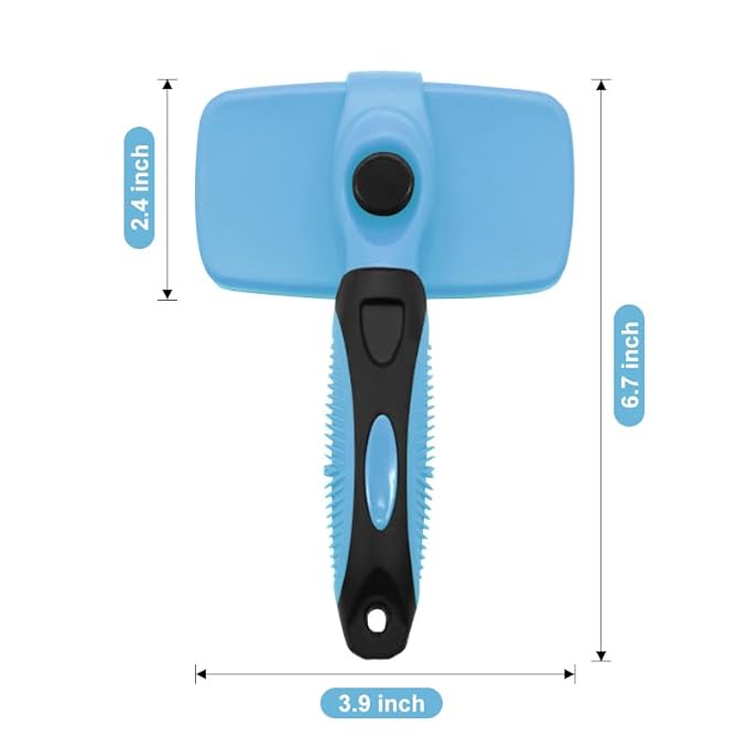 Self Cleaning Slicker Brush for Dogs & Cats, Gentle Deshedding and Hair Removal Tool for Long & Short Haired Pets, Easy Push Button, Blue