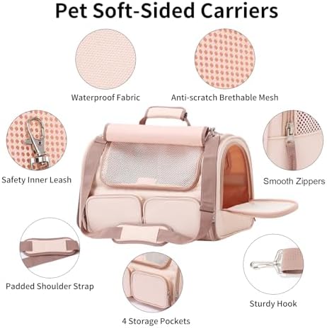 FUKUMARU Cat Carrier, Airline Approved Dog Carrier with Rollable Cover | Breathable Soft Cat Carrier, Multiple Doors & 4 Storage Pockets Cat Travel Bag, Durable Pet Carrier for Cat Under 15 lb, Pink