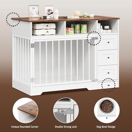 IDEALHOUSE 48'' Dog Crate Furniture with Bowl & Storage Drawers, Farmhouse Heavy Duty Dog Kennel Table for Small Medium Dogs, Indoor Wooden Dog Cage for Living Room, Entryway, White