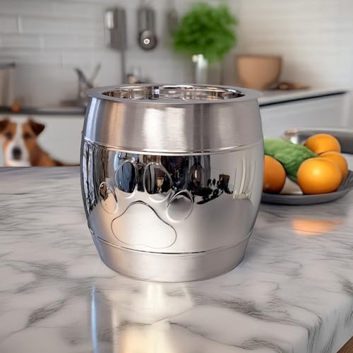 BREKX Premium Steel Dog Treat Container, Insulated Airtight Pet Food Container with Paw Print Design, Modern Silver Brushed Steel Dog Storage for Treats, 12-Cup Capacity