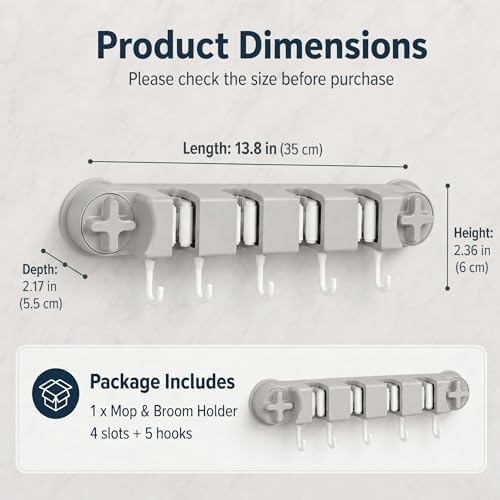 Mop and Broom Holder Wall Mount | No Drill Suction Cup, 4 Slots & 5 Hooks, Removable, For Bathroom, Laundry Room, RV Camper