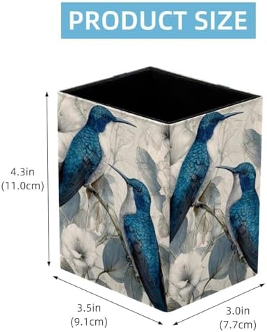 Hummingbird Pen Holder for Desk Decor, Rectangular PVC Leather Pencil Cup for Desk Pen Organizer, Makeup Brush Holder for School, Home, Office