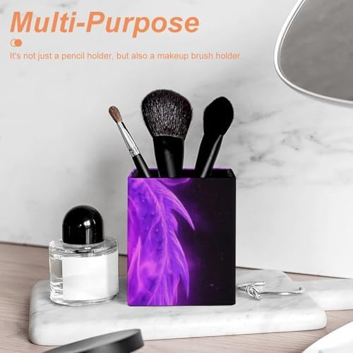Women's Pen Cup Pencil Holder Makeup Brush Storage Purple Fire Dragon Leather Desk Organizer