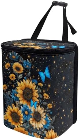 Blue Butterfly Sunflower Print Car Trash Can - Foldable, Automotive Garbage Bin with Leak Proof Hanging Bag
