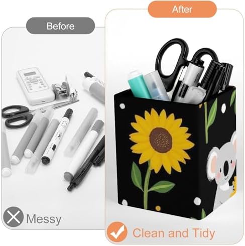 Pen Holder Square Desktop Organizer Pencil Cup For Desk, Office, Home And Stationary Supplies Cute Koala Black Yellow Sunflower