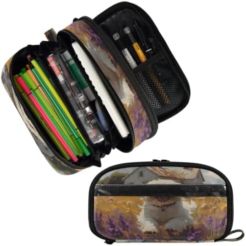 SUABO Pet Dog Oil Painting Pencil Case Large Pen Stationery Bag | Pencil Pouch Stationery Organizer with Compartments, Transparent PVC Layer, School Office Supplies for Kids Adults