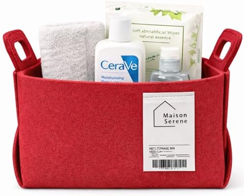 Red Felt Storage Basket with Handles, Foldable Fabric Bin Organizer | Collapsible Decorative Basket for Shelves, Closets, Toys & Nursery – Versatile Fabric Bin for Home, Bedroom and Playroom