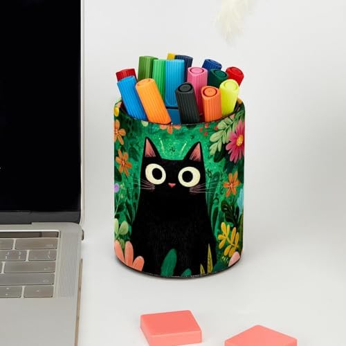 Faux Leather Pen Holder for Desk, Pencil Organizer Black Cat Pen Cup Desk Decor Makeup Brush Holder Storage for Office Home