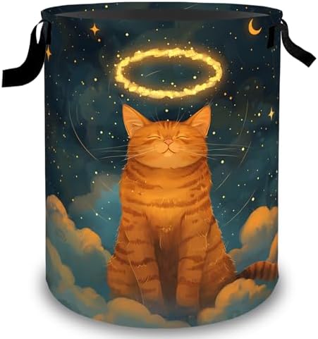 Angel Cat Laundry Basket Hamper, Organizer Bins Gifts for Women Kids, Cute Pet Foldable Waterproof Clothes Hamper Handles Storage Bucket for Bedroom Bathroom Room Decor 19.7"x15.7"
