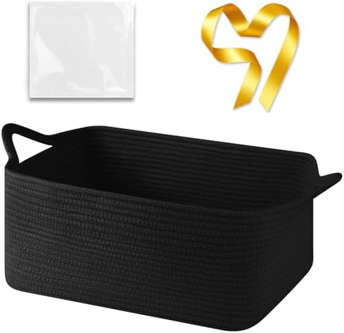 OIASKET Large Empty Cotton Rope Gift Basket with Handles, 16.5"x12.6"x7" Decorative Woven Storage Basket with Gift Bag and Ribbon Set for Baby Shower, Toy Organizer for Kids, Dogs & Cats - Black