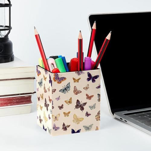 Butterfly Pen Holder for Desk Decor, Rectangular PVC Leather Pencil Cup for Desk Pen Organizer, Makeup Brush Holder for School, Home, Office