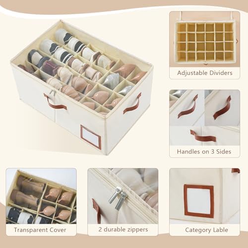 INSTY 1 Pack Shoe Organizer for Closet, Shoe Storage Organizer, Adjustable Dividers for Shoe Storage, Fabric Shoe Storage Bins with Clear Cover, Beige